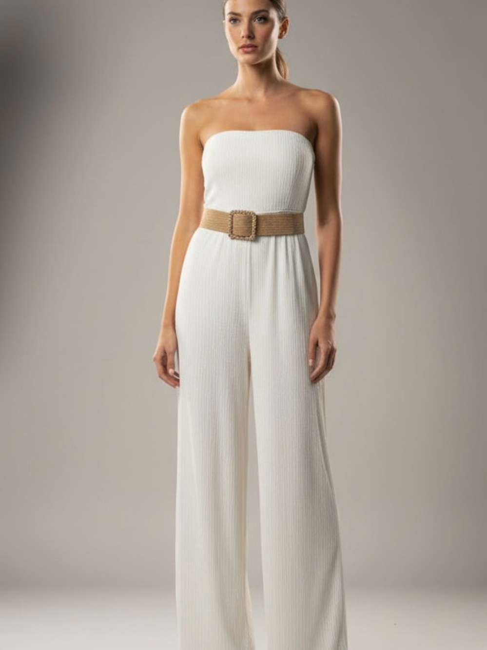Love Tree Strapless Cream Wide-Leg Jumpsuit with Tan Belt